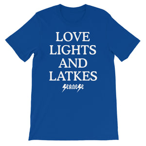Short-Sleeve Unisex T-Shirt---Love, Lights and Latkes