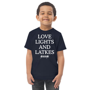Toddler jersey t-shirt---Love Lights and Latkes---Click for More Shirt Colors